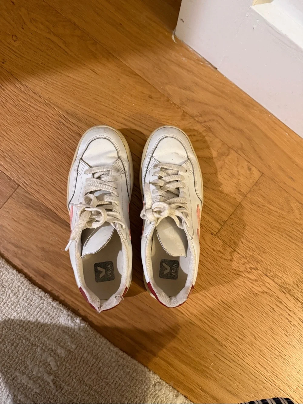 Veja White Leather Sneakers with Pink V Logo and Burgundy Heel